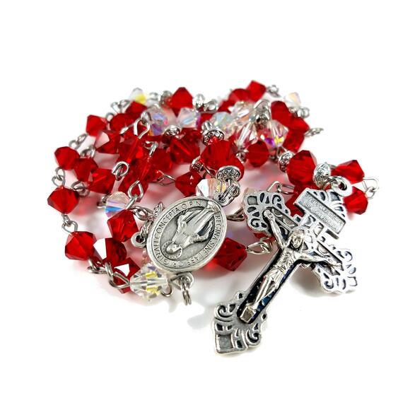 Vintage Red Clear Crystal Rosary, Pardon Crucifix, Hand Wire Wrapped - Picture 4 of 10